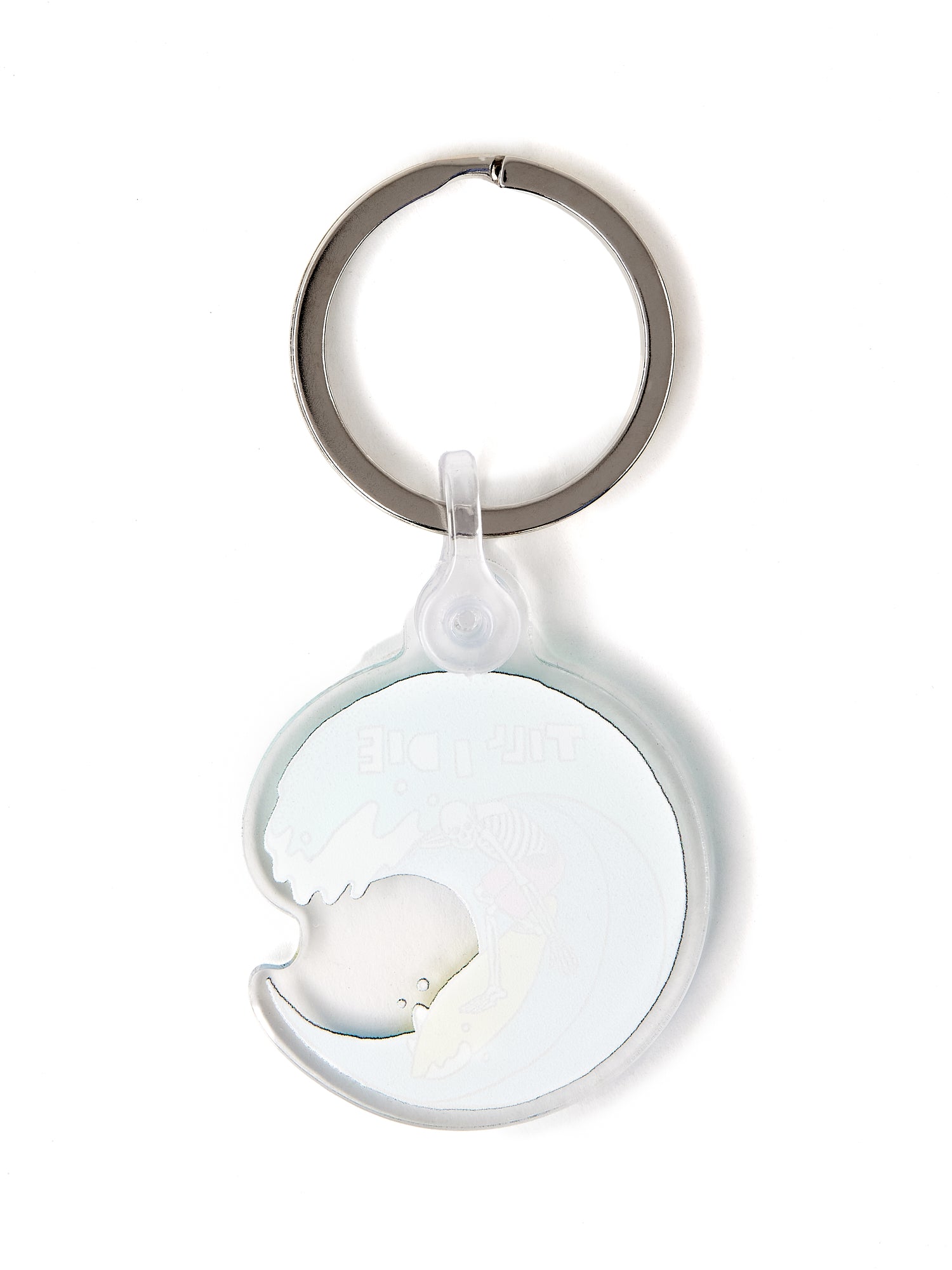 Back view of the Surfer Skeleton keychain on a white background, showing a solid white fill and a plastic clip fastener at the top.