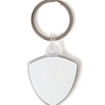 Back view of the double diamond shield keychain on a white background, showing a solid white fill and a plastic clip fastener at the top.