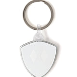Back view of the double diamond shield keychain on a white background, showing a solid white fill and a plastic clip fastener at the top.
