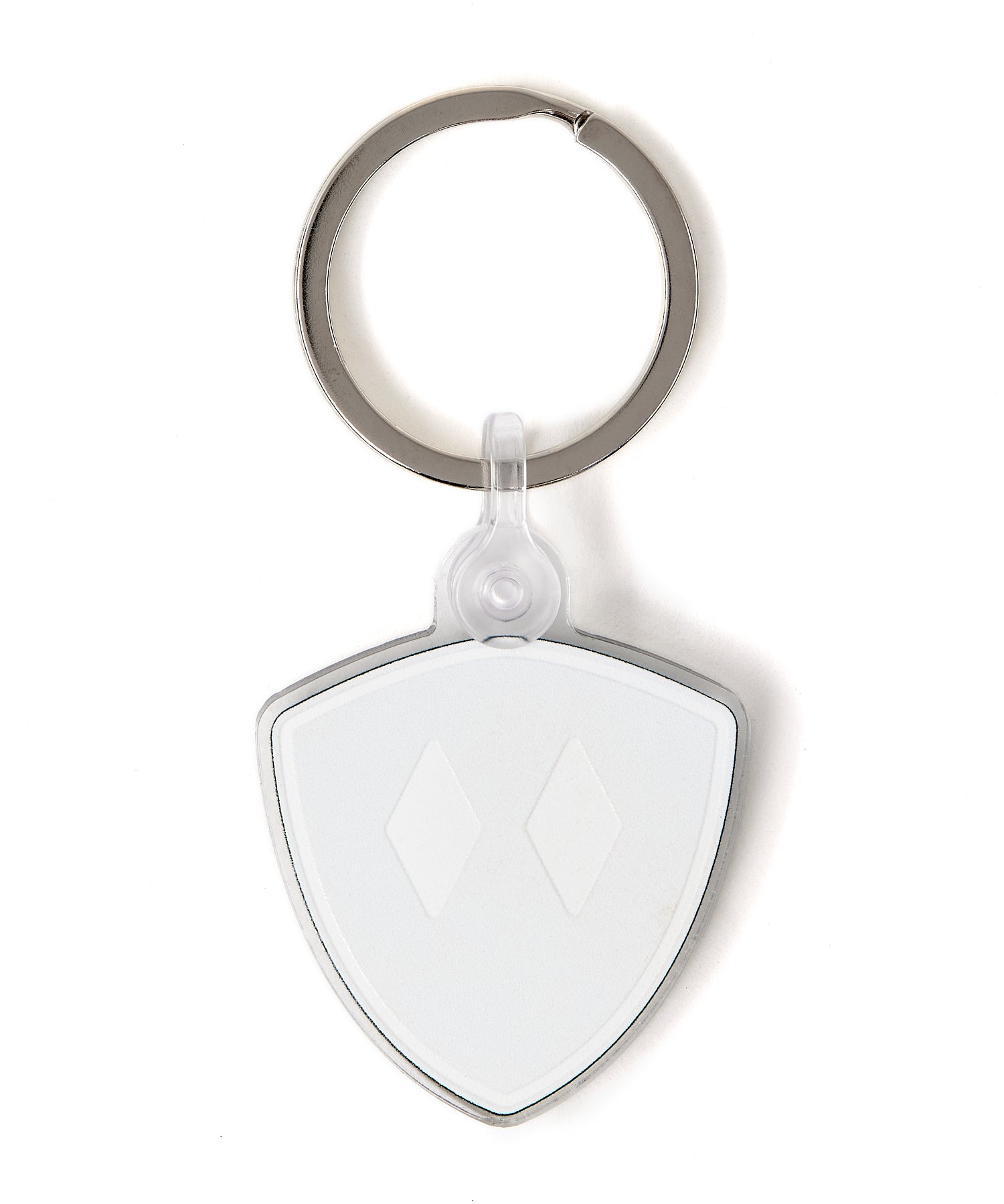Back view of the double diamond shield keychain on a white background, showing a solid white fill and a plastic clip fastener at the top.