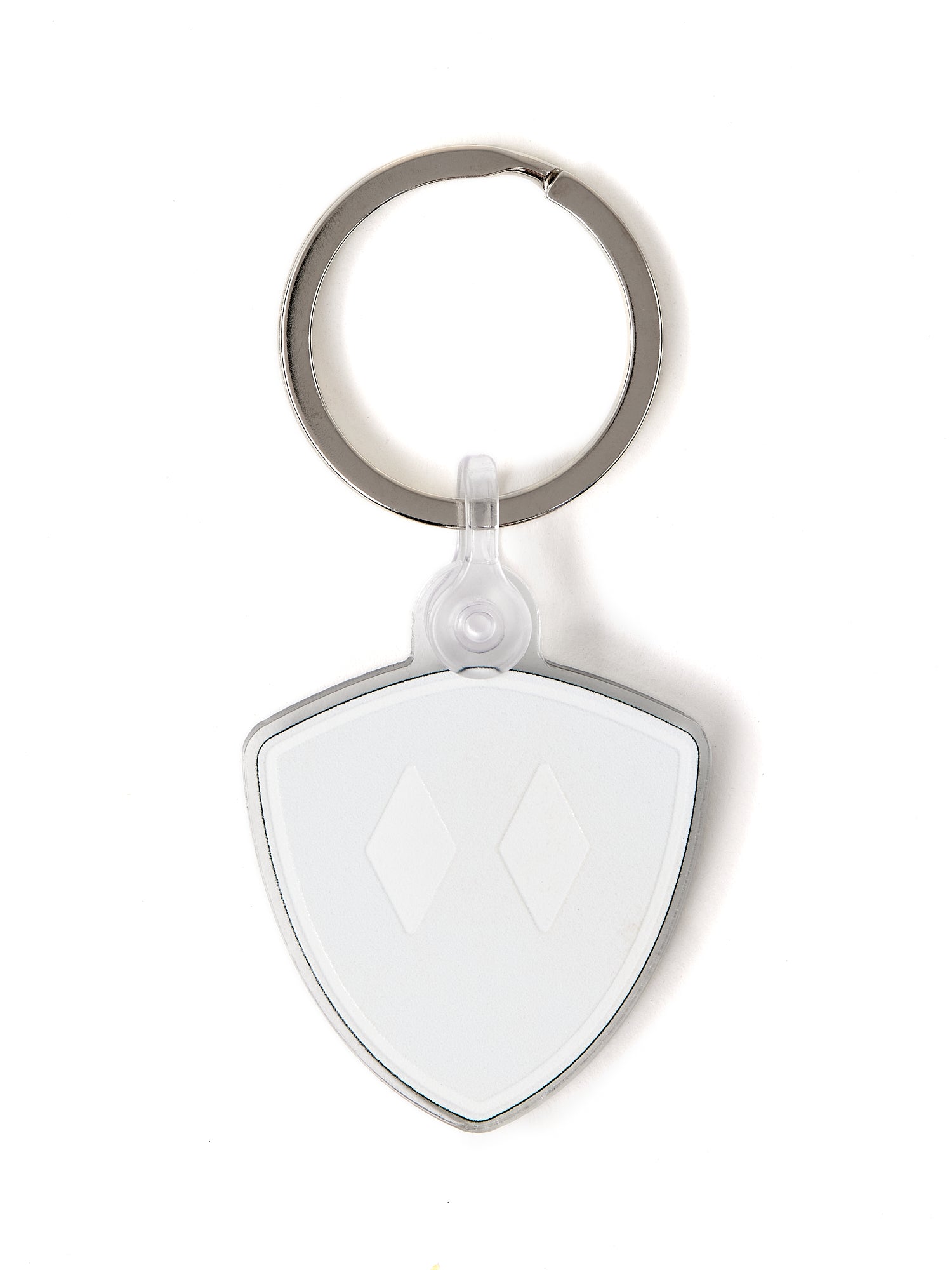 Back view of the double diamond shield keychain on a white background, showing a solid white fill and a plastic clip fastener at the top.