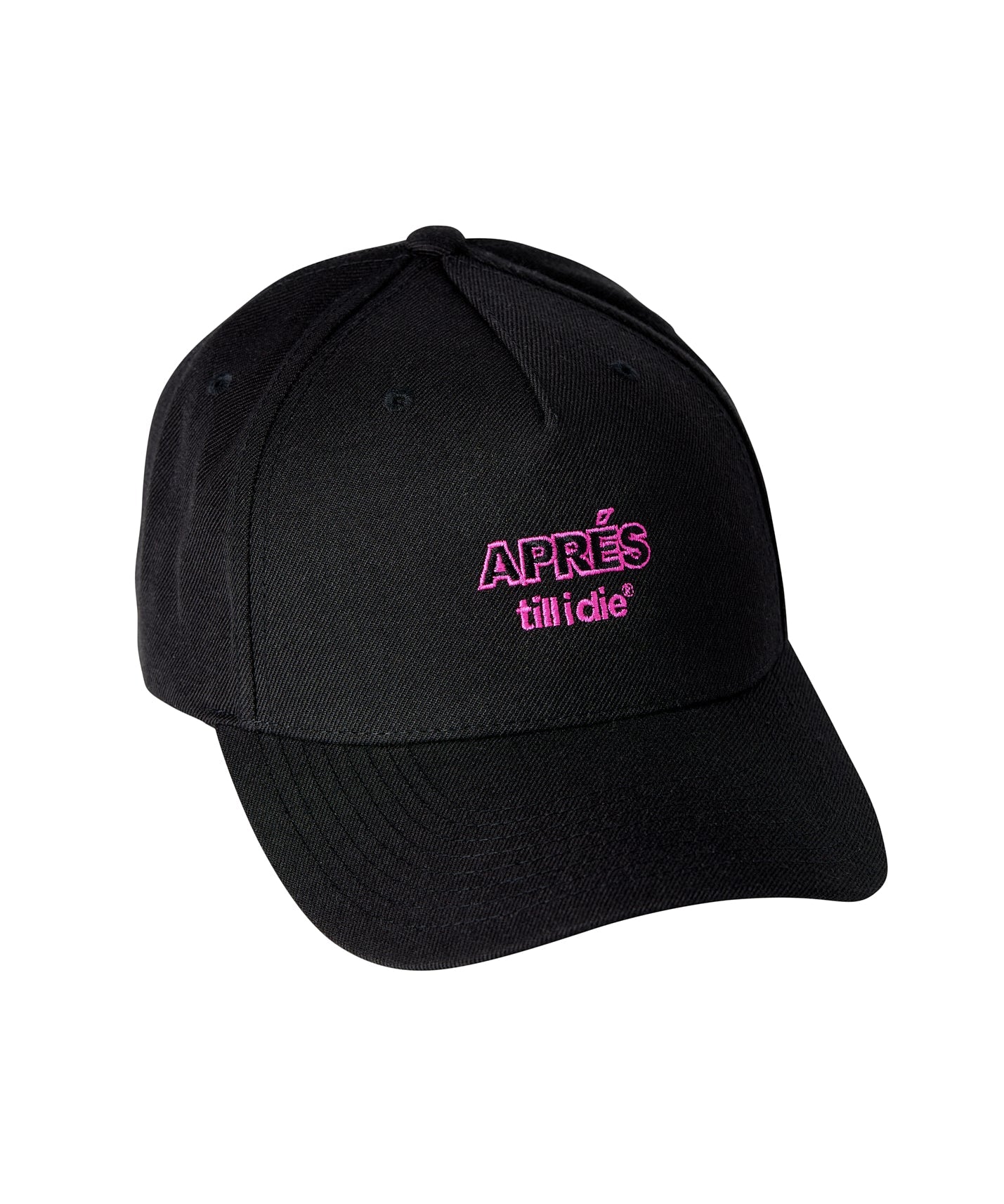 Front-facing product image of black snapback with pink Apr�s Till I Die embroidery