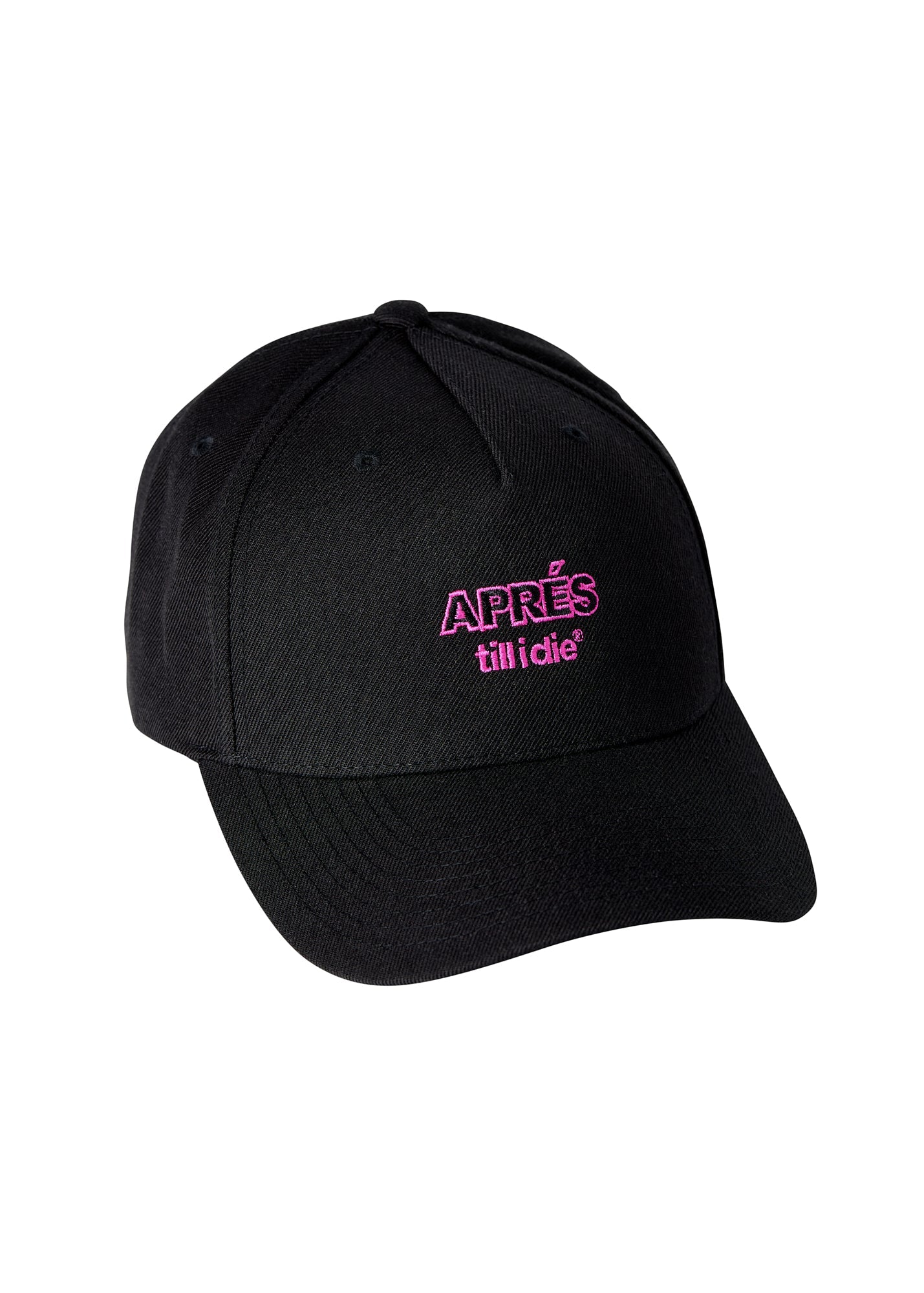 Front-facing product image of black snapback with pink Apr�s Till I Die embroidery
