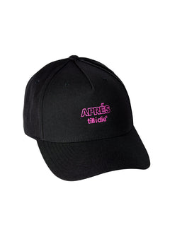 Front-facing product image of black snapback with pink Apr�s Till I Die embroidery