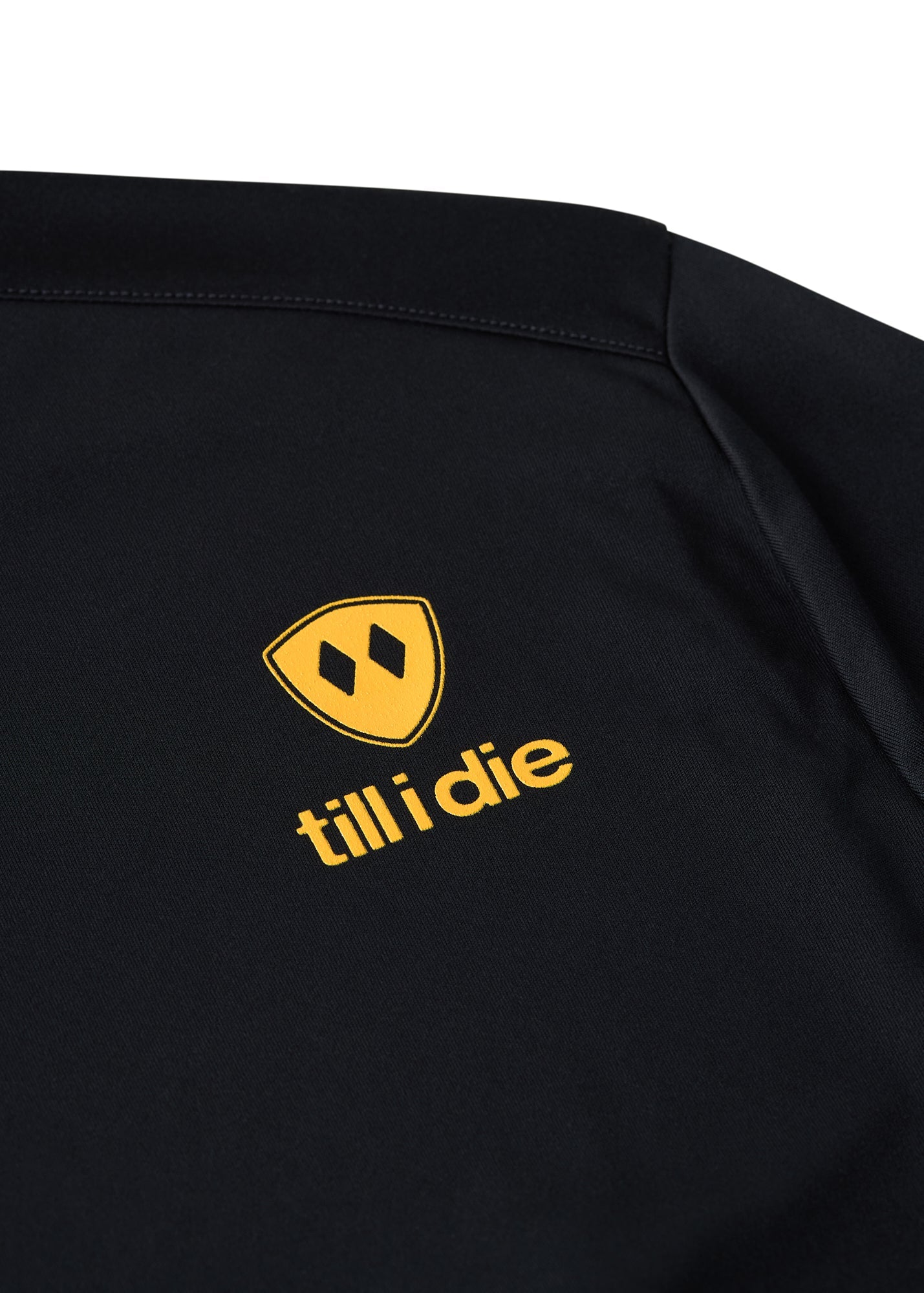 Close-up of Till I Die orange logo and double diamond shield on back of black long sleeve shirt