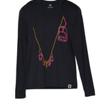 Flat lay of Chairlift Performance Long Sleeve shirt showing lioft  line art in pink and orange