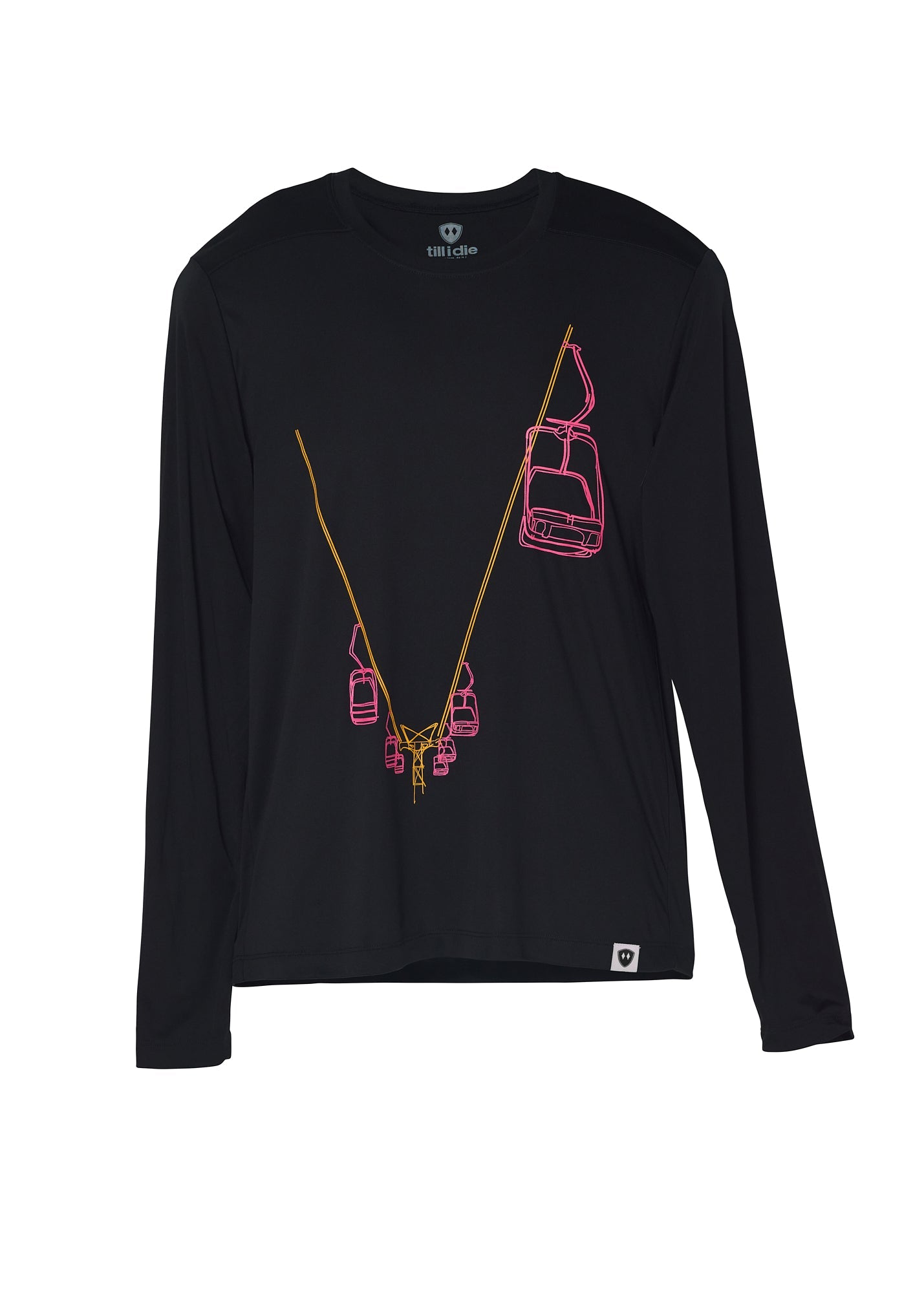 Flat lay of Chairlift Performance Long Sleeve shirt showing lioft  line art in pink and orange