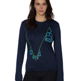 Feale model wearing the Chairlift performance long sleeve in Navy. The line drawing graphic has a bright blue and lime green chairlift.