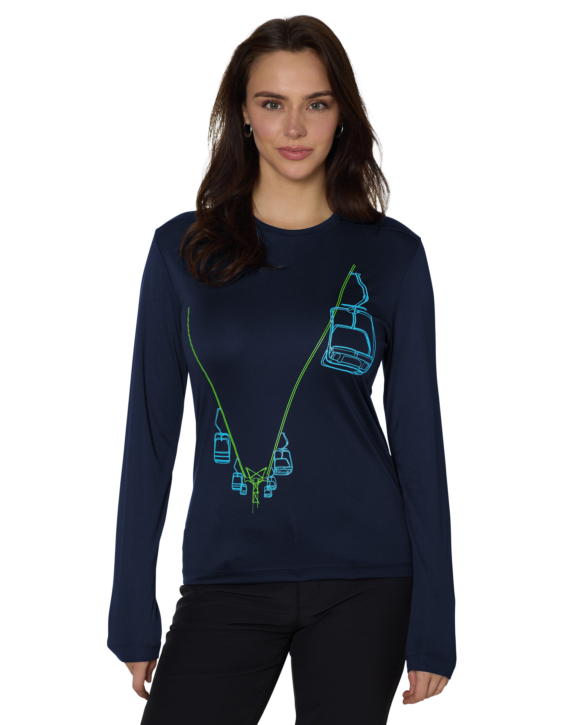 Feale model wearing the Chairlift performance long sleeve in Navy. The line drawing graphic has a bright blue and lime green chairlift.