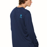Back of a male model wearing the Chairlift performance long sleeve in Navy. A bright blue till i die logo is shown on the models top right shoulder.