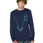 Male model wearing the Chairlift performance long sleeve in Navy. The line drawing graphic has a bright blue and lime green chairlift.