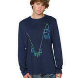 Male model wearing the Chairlift performance long sleeve in Navy. The line drawing graphic has a bright blue and lime green chairlift.
