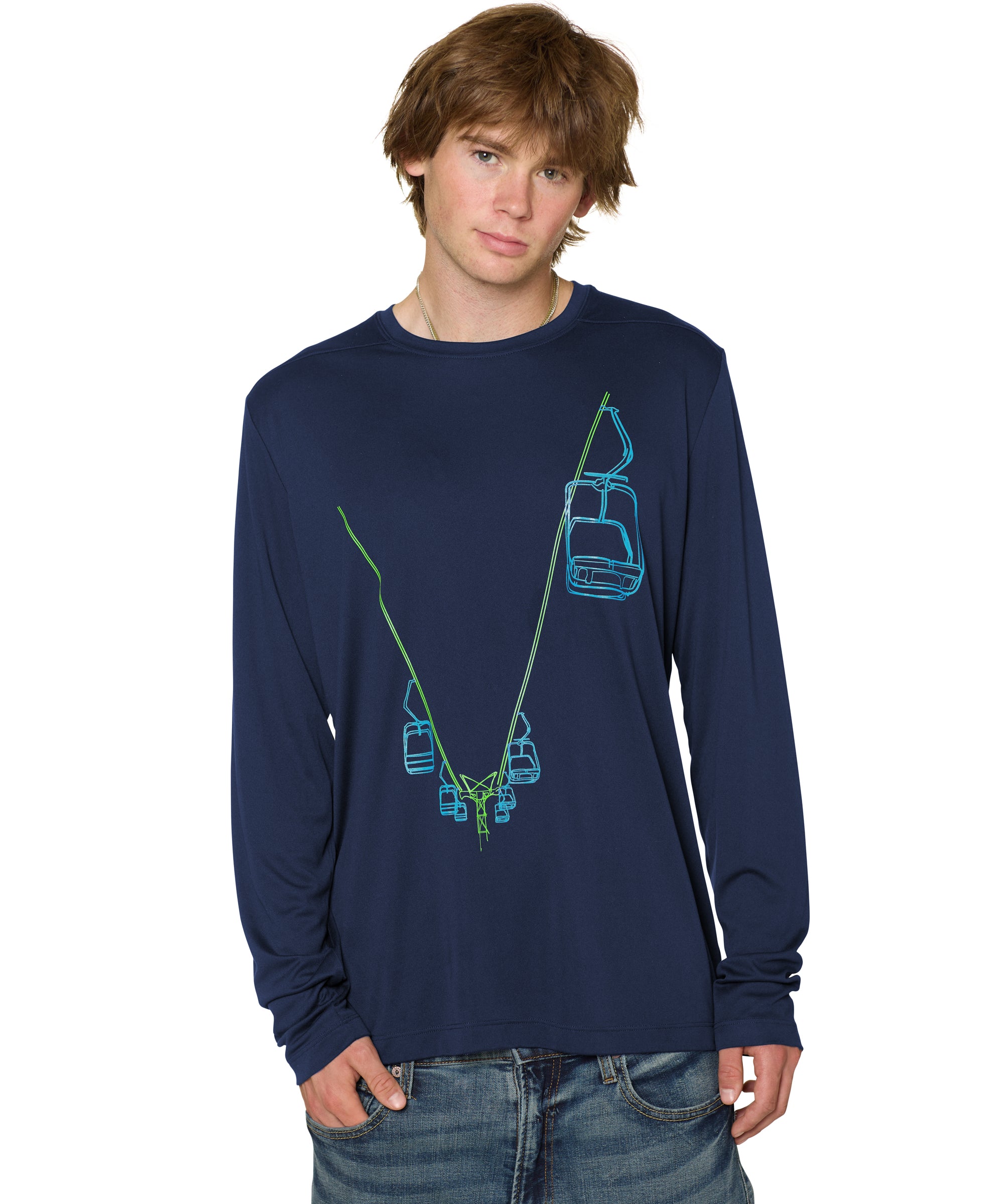 Male model wearing the Chairlift performance long sleeve in Navy. The line drawing graphic has a bright blue and lime green chairlift.