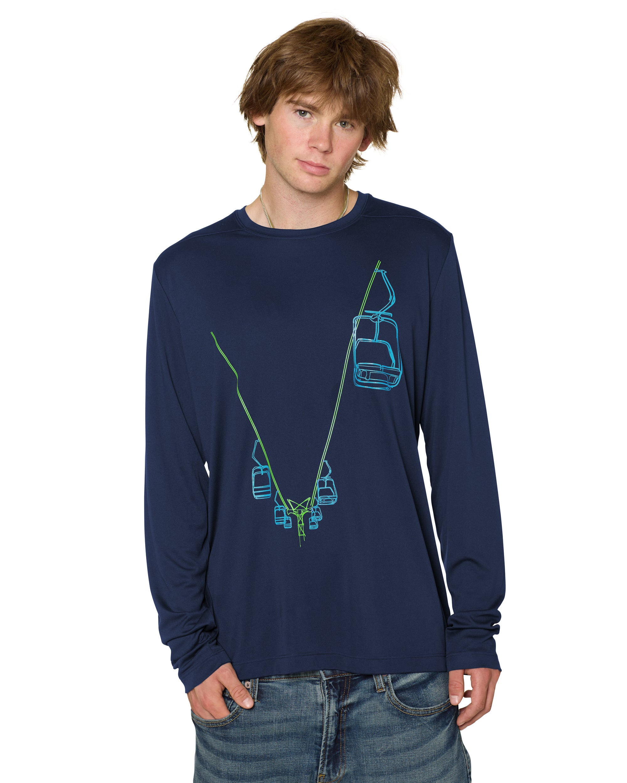 Male model wearing the Chairlift performance long sleeve in Navy. The line drawing graphic has a bright blue and lime green chairlift.