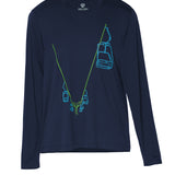 Male model wearing navy Chairlift Performance Long Sleeve shirt with green and blue chairlift graphic by Till I Die