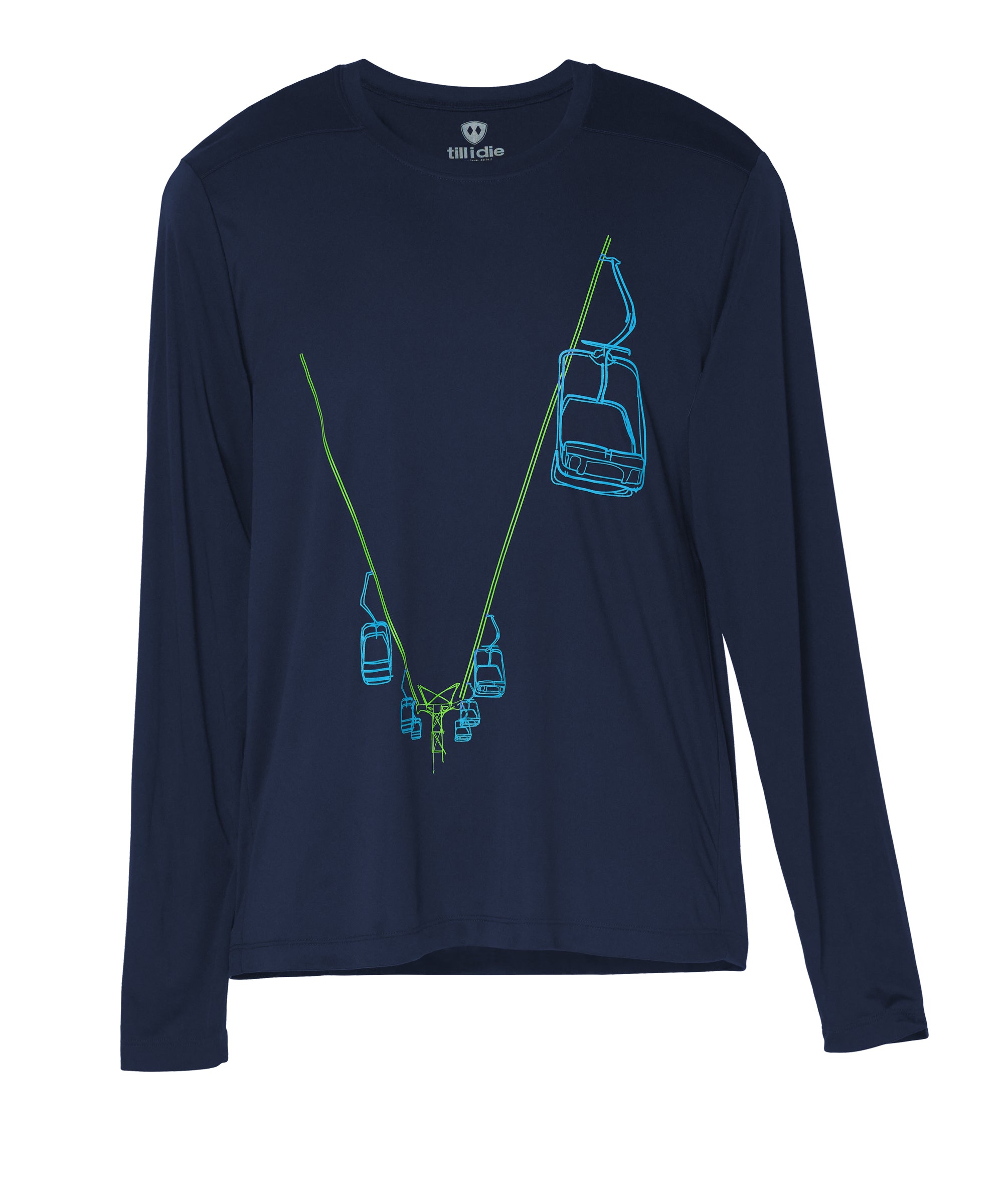Male model wearing navy Chairlift Performance Long Sleeve shirt with green and blue chairlift graphic by Till I Die