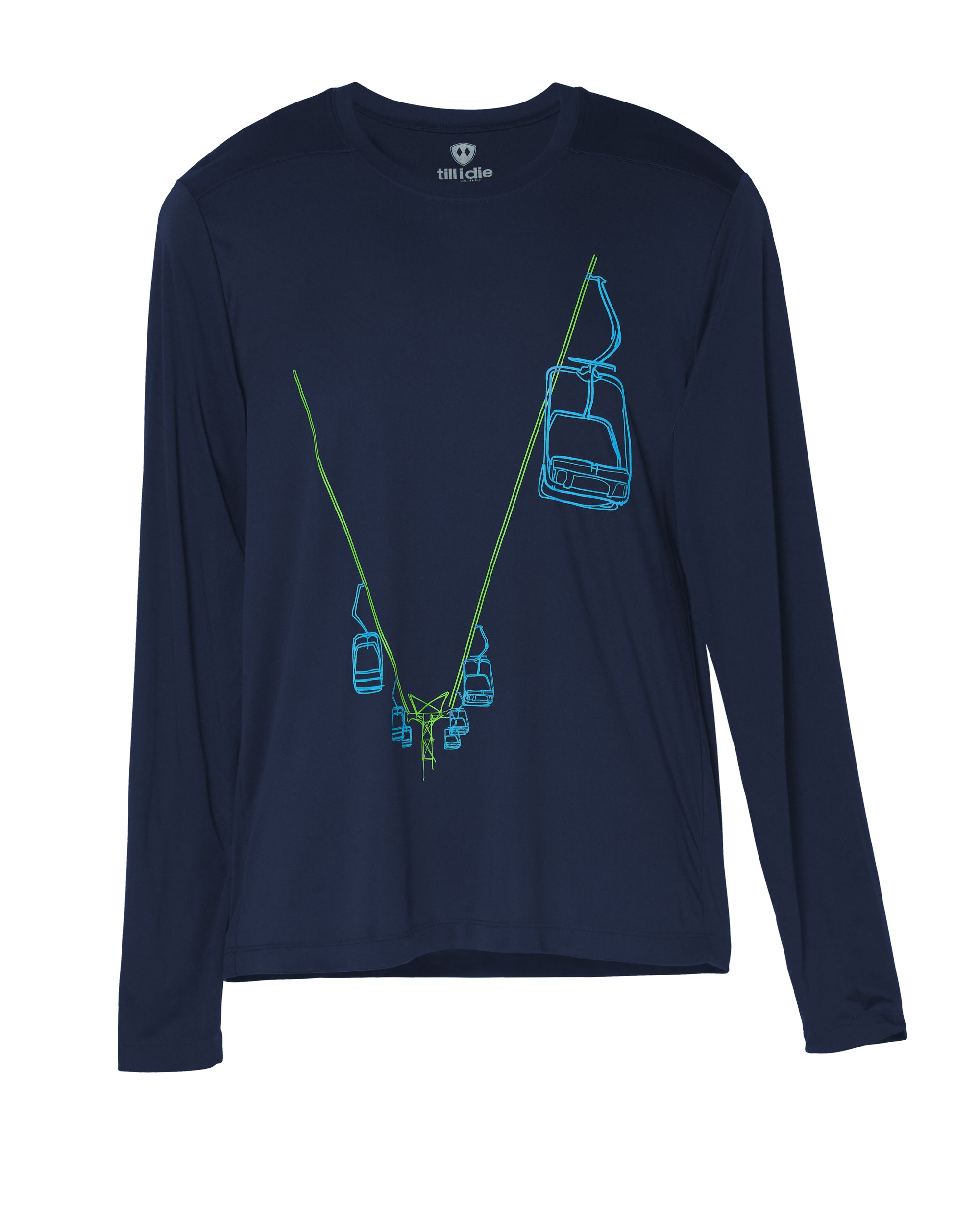 Male model wearing navy Chairlift Performance Long Sleeve shirt with green and blue chairlift graphic by Till I Die