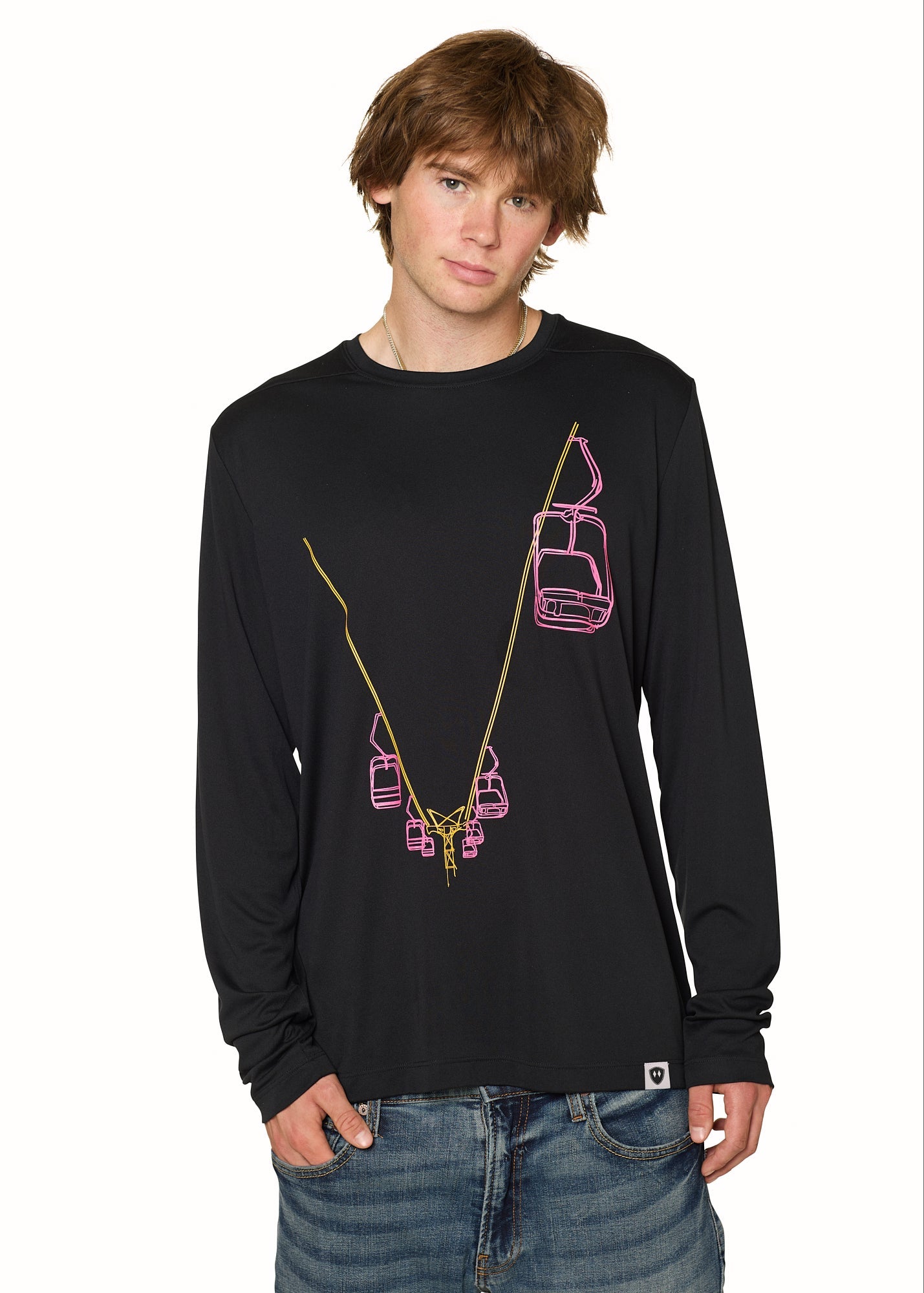 Male model wearing black Chairlift Performance Long Sleeve shirt with pink and orange chairlift graphic by Till I Die