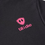 Close-up of trail sign graphic on Till I Die "I'm Difficult" hoodie in Graphite Black, Winter 2025