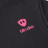 Close-up of trail sign graphic on Till I Die "I'm Difficult" hoodie in Graphite Black, Winter 2025