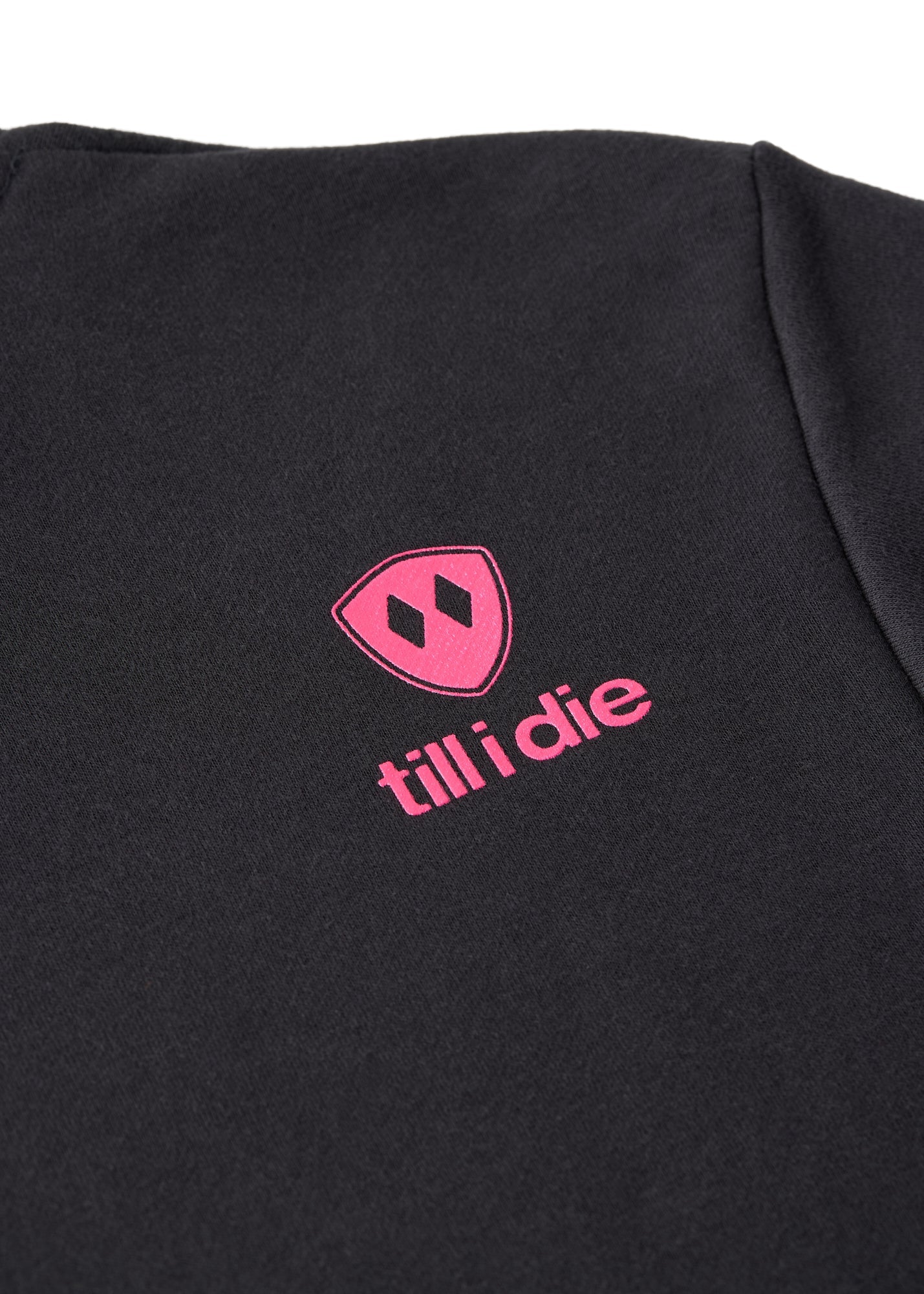 Close-up of trail sign graphic on Till I Die "I'm Difficult" hoodie in Graphite Black, Winter 2025