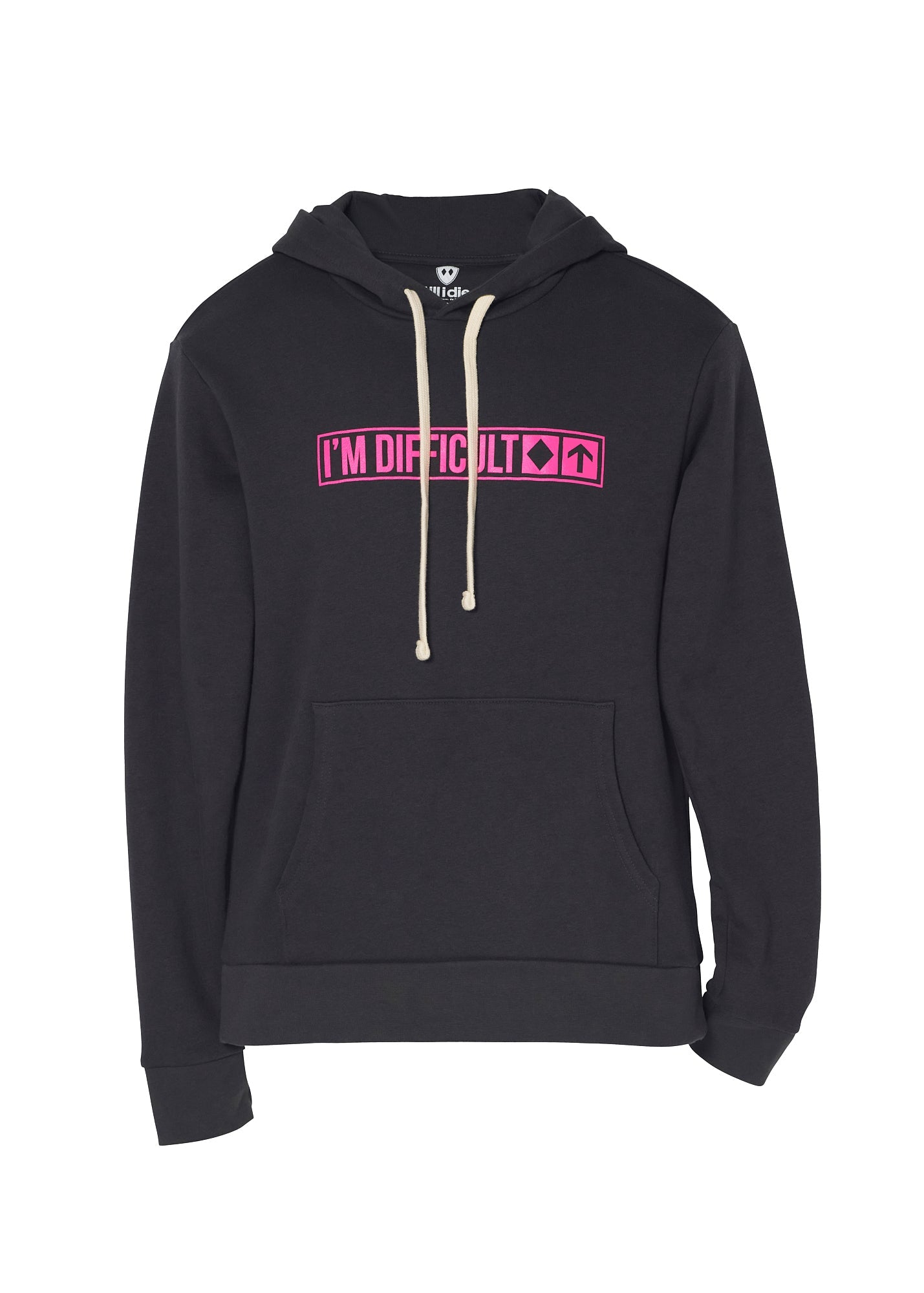 Flat lay of Till I Die "I'm Difficult" hoodie in Graphite Black with hot pink trail sign graphic, Winter 2025