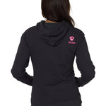 Back view of female model in Till I Die "I'm Difficult" hoodie with hot pink graphic, Winter 2025