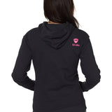 Back view of female model in Till I Die "I'm Difficult" hoodie with hot pink graphic, Winter 2025