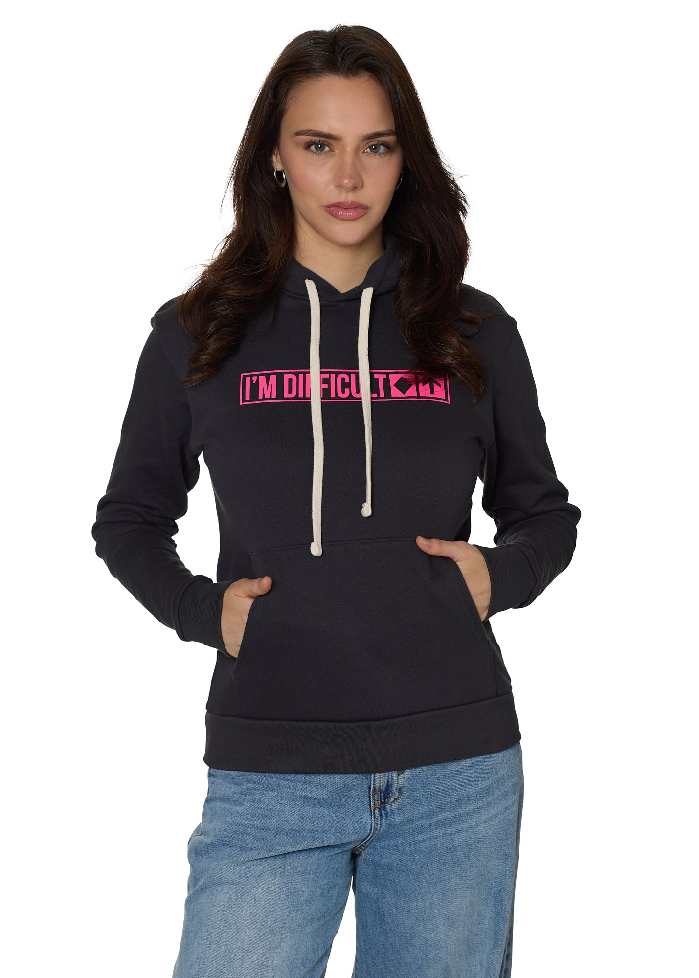 Female model wearing Till I Die "I'm Difficult" hoodie in Graphite Black, front view, Winter 2025