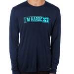 Front view of a male model wearing the "I'm Hard" Navy performance long sleeve Shirt. The graphic features trail sign-inspired "I'm Hard" text with a single diamond symbol indicating advanced terrain.