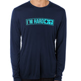 Front view of a male model wearing the "I'm Hard" Navy performance long sleeve Shirt. The graphic features trail sign-inspired "I'm Hard" text with a single diamond symbol indicating advanced terrain.