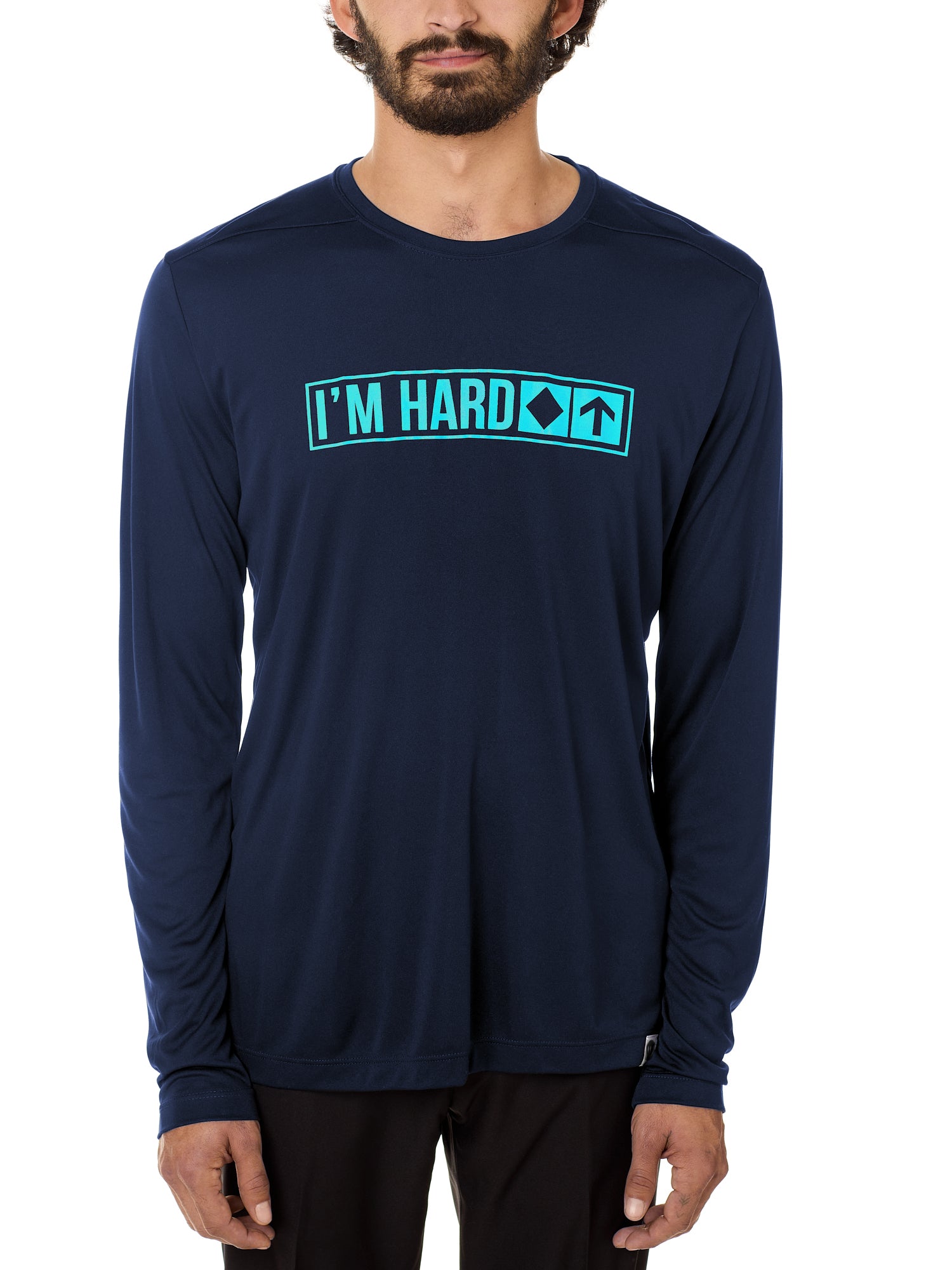 Front view of a male model wearing the "I'm Hard" Navy performance long sleeve Shirt. The graphic features trail sign-inspired "I'm Hard" text with a single diamond symbol indicating advanced terrain.