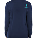 Back view of a female model wearing navy long sleeve featuring blue Till I Die logo and double diamond shield on shoulder