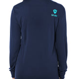 Back view of a female model wearing navy long sleeve featuring blue Till I Die logo and double diamond shield on shoulder