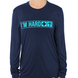 Front view of a female model wearing the "I'm Hard" Navy performance long sleeve Shirt. The graphic features trail sign-inspired "I'm Hard" text with a single diamond symbol indicating advanced terrain.
