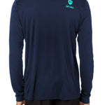 Back view of a male model wearing a navy performance long sleeve shirt accented with a blue till i die logo on wearers top right shoulder.