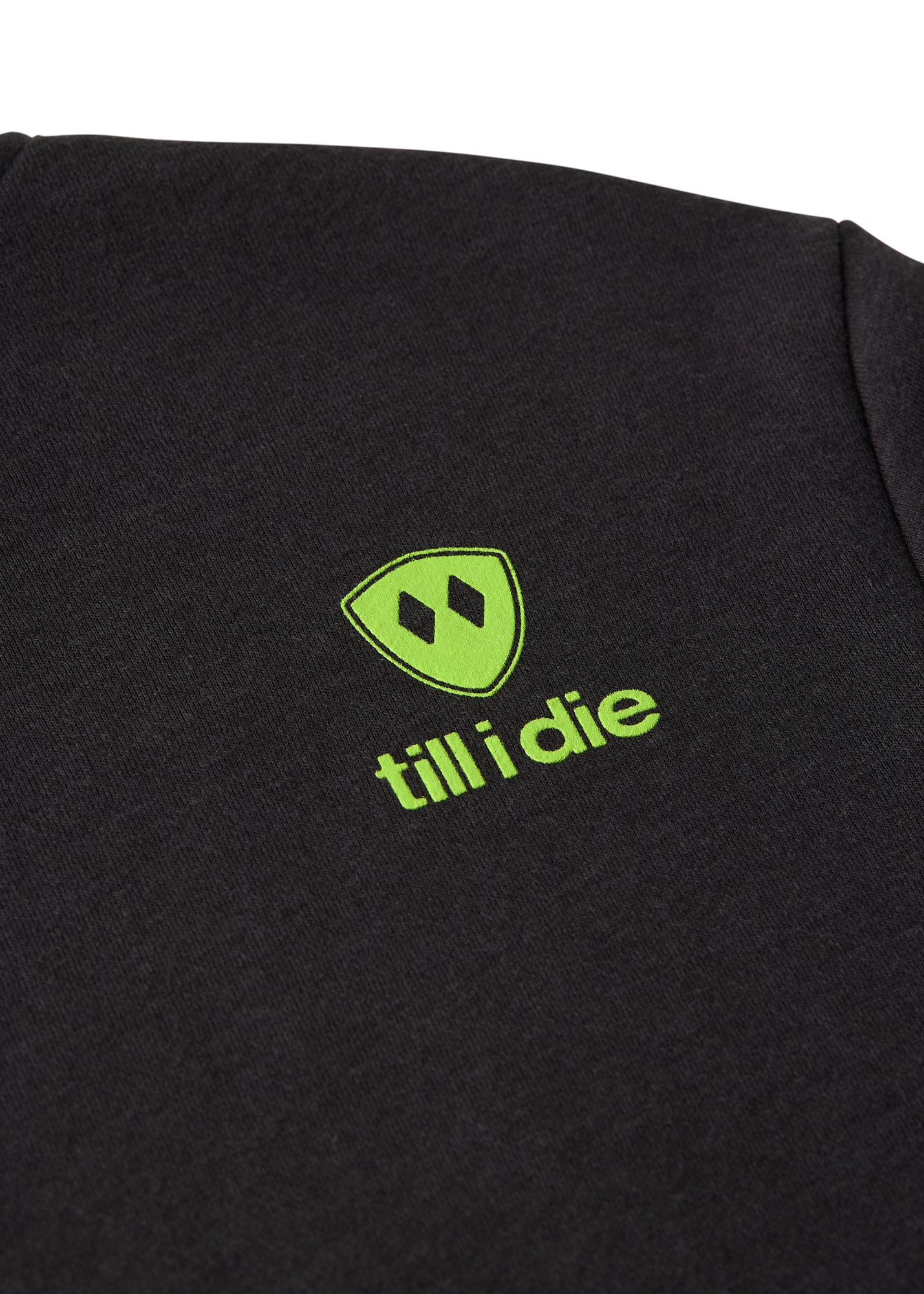 Detail of lime green trail sign graphic on Till I Die "I'm Hard" hoodie, Winter 2025