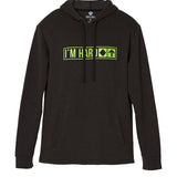 Flat lay of Till I Die "I'm Hard" hoodie in black with bright lime trail sign graphic, Winter 2025