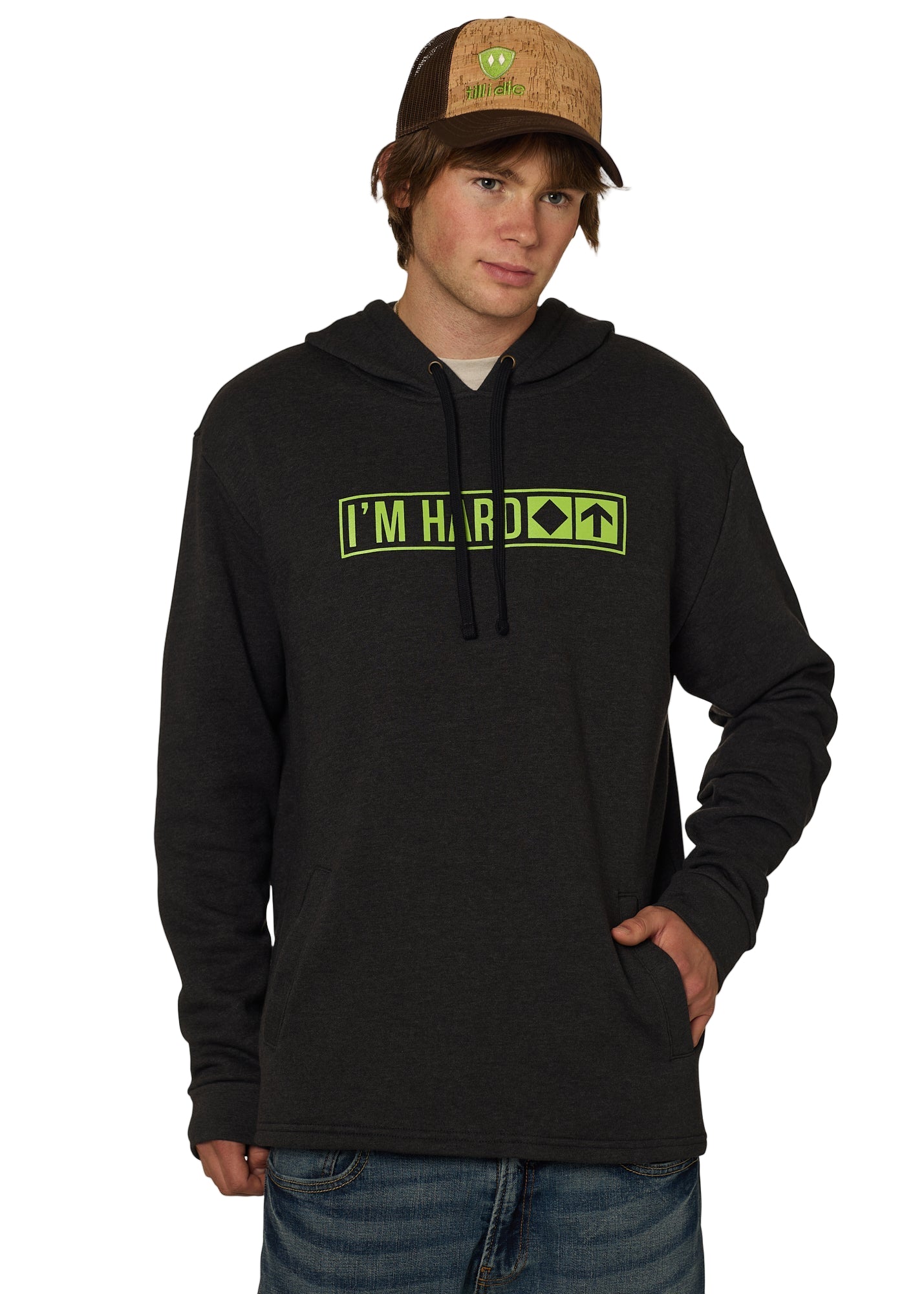 Male model wearing Till I Die "I'm Hard" hoodie with Lime Logo Cork Trucker hat, front view, Winter 2025