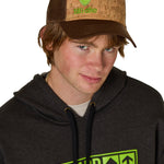 male model wearing a brown cork trucker hat with a lime green till i die embroidered logo