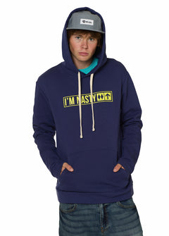 male model wearing a nightshade color hoodie with "i'm nasty' text in a trail sign graphic with double diamonds, paired with a morning fog camp hat