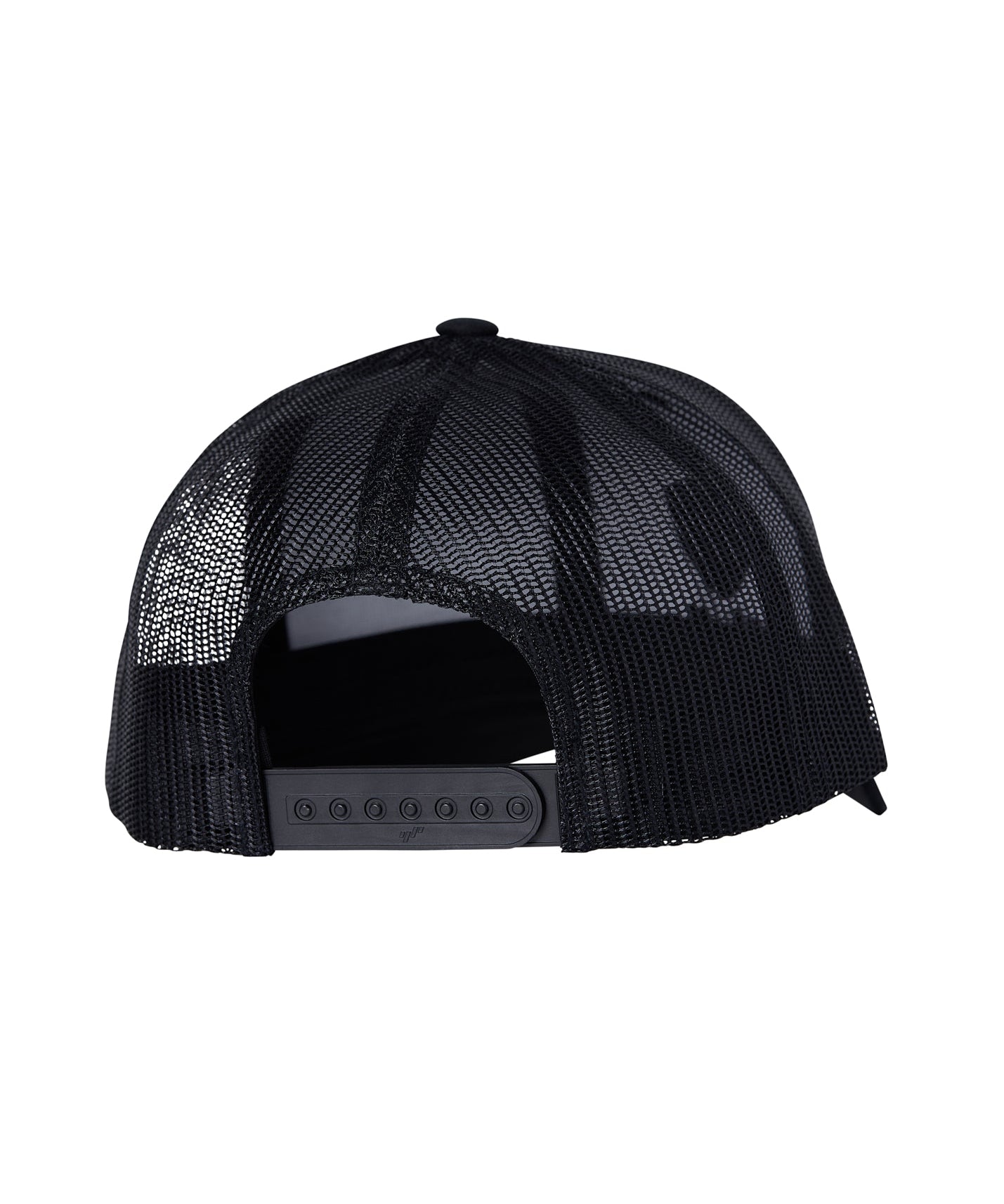 Detail shot of the back of the trucker hat, highlighting the mesh texture and snapback fit.