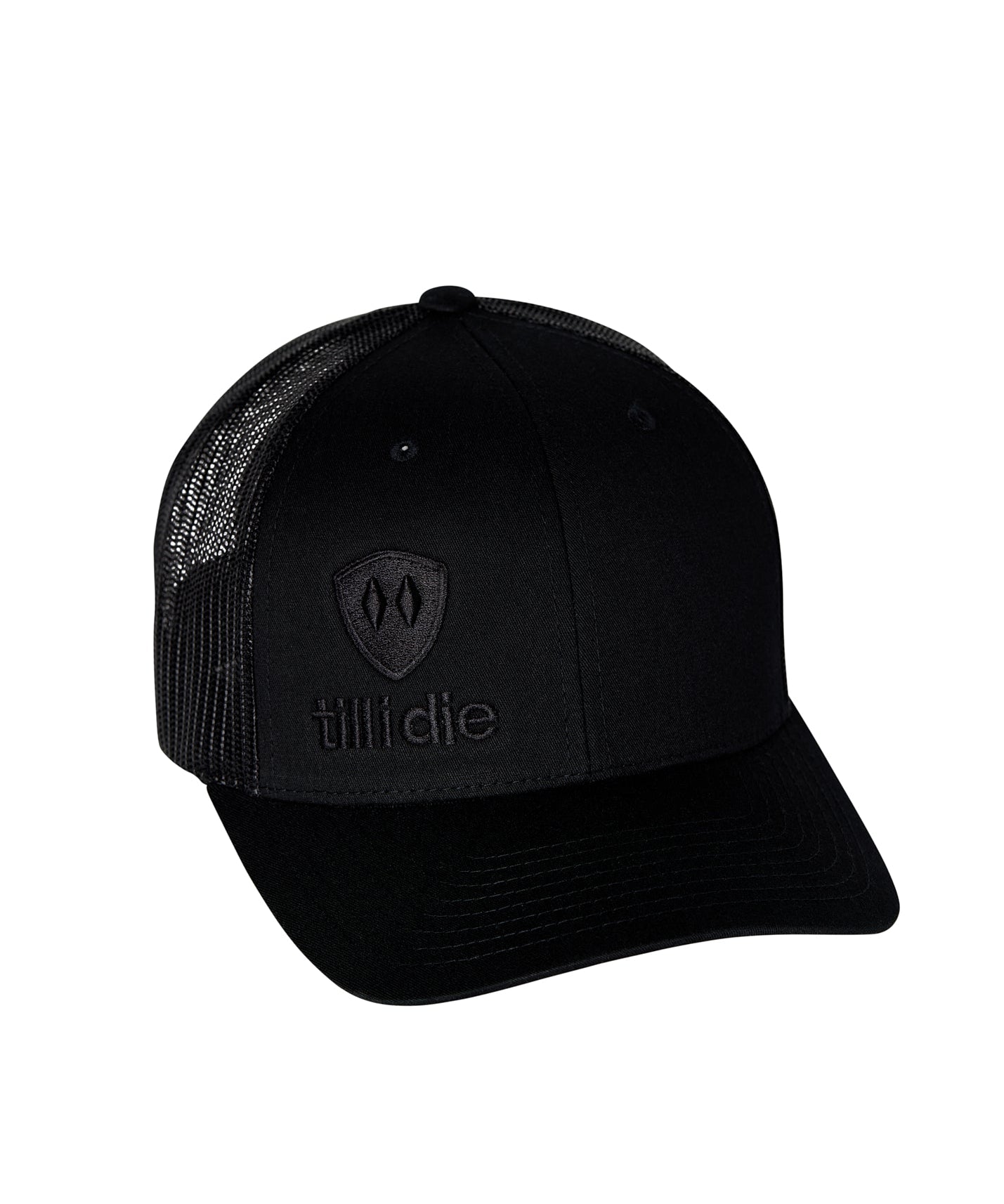 Flat lay of the Till I Die Black-on-Black Trucker Hat, showcasing the stacked logo and Double Diamond Shield in puff embroidery.