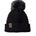 Product flat lay of the Diamond Knit Pom Beanie in black, displaying the ribbed cuff, diamond knit design, and leather logo tab with faux fur pom.