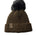 Product flat lay of the Diamond Knit Pom Beanie in military olive, displaying the ribbed cuff, diamond knit design, and leather logo tab with faux fur pom.