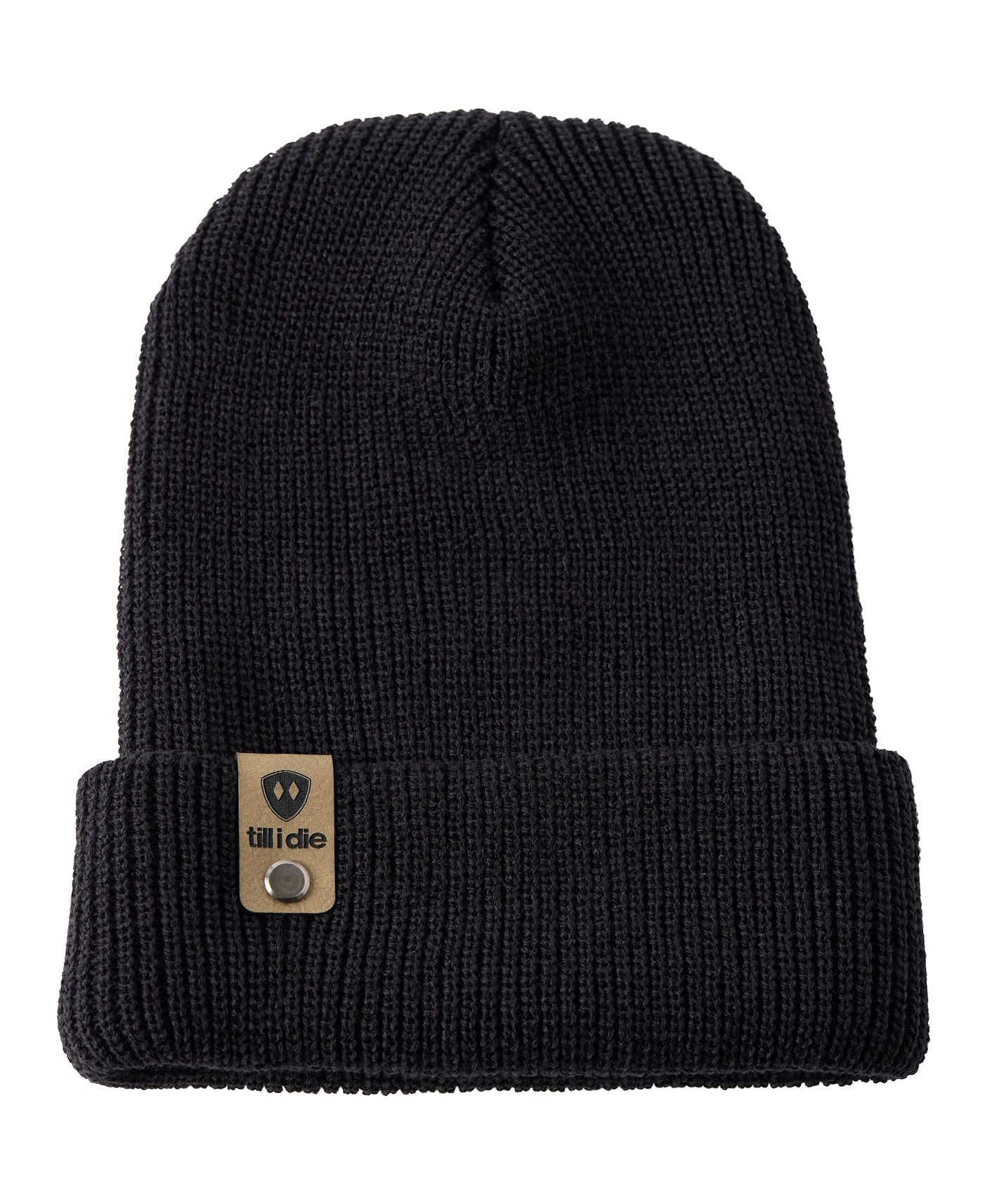 Flat lay of the Till I Die black knit beanie showing  the medium gauge knit and branded leather logo tab on the cuff