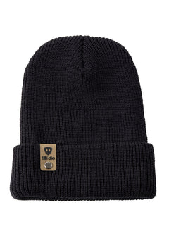 Flat lay of the Till I Die black knit beanie showing  the medium gauge knit and branded leather logo tab on the cuff