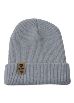 Flat lay of the Till I Die cadet bluel knit beanie showing  the medium gauge knit and branded leather logo tab on the cuff