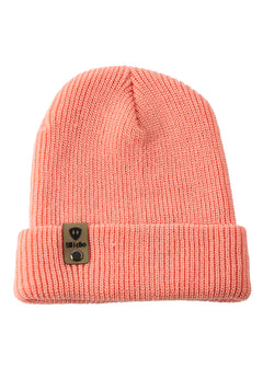 Flat lay of the Till I Die coral knit beanie showing  the medium gauge knit and branded leather logo tab on the cuff