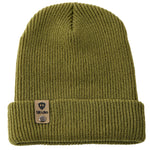Flat lay of the Till I Die military green knit beanie showing  the medium gauge knit and branded leather logo tab on the cuff
